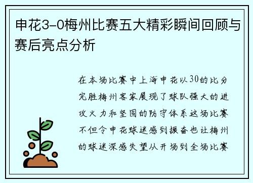 申花3-0梅州比赛五大精彩瞬间回顾与赛后亮点分析