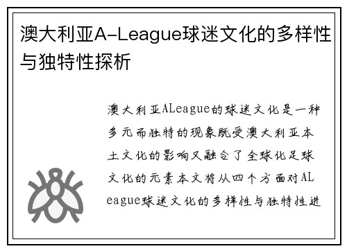 澳大利亚A-League球迷文化的多样性与独特性探析