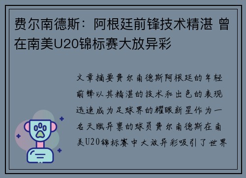 费尔南德斯：阿根廷前锋技术精湛 曾在南美U20锦标赛大放异彩