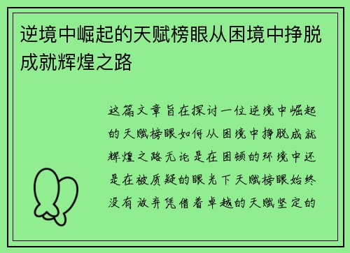 逆境中崛起的天赋榜眼从困境中挣脱成就辉煌之路
