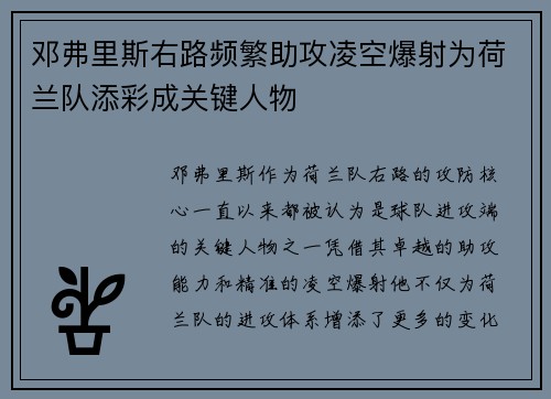 邓弗里斯右路频繁助攻凌空爆射为荷兰队添彩成关键人物