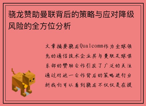 骁龙赞助曼联背后的策略与应对降级风险的全方位分析