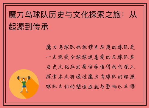 魔力鸟球队历史与文化探索之旅：从起源到传承