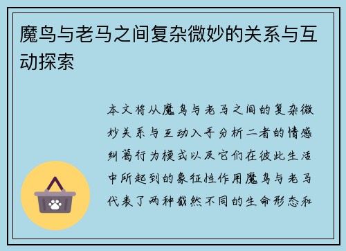 魔鸟与老马之间复杂微妙的关系与互动探索